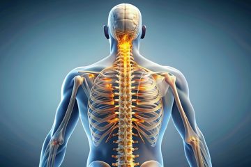 3d image of upper skeleton from behind, highlighting spine.