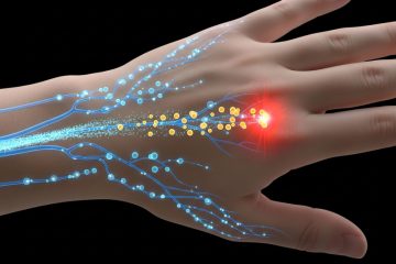 3D medical illustration depicting neuropathic pain in a human hand.